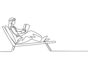 dibujo de una sola línea hombre árabe reclinado leyendo un libro en un sillón. tiempo de relajación con un buen concepto de historia. lector masculino inteligente disfrutando de la literatura o estudiando. vector de diseño de dibujo de línea continua