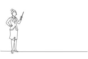 Single one line drawing confident woman teacher, mentor, trainer, business woman, manager, employee, wearing blazer indicating pointing with stick in hand. Continuous line design vector illustration