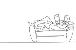 Single one line drawing young Arab woman laying on sofa, reading book at home. Female reading book. Self education, distance studying, relaxing concept. Continuous line draw design vector illustration