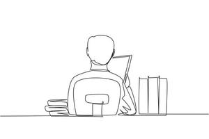 Continuous one line drawing back view of young man sitting at desk and reading book, student studying hard and preparing before exam with pile of books. Single line draw design vector illustration