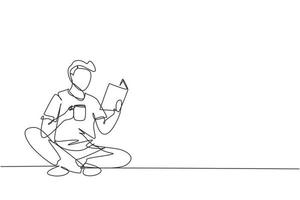 Single one line drawing smart student preparing for exam. Young man studying, reading textbooks, drink cup of coffee. Reader sitting on floor, learning. Continuous line draw design vector illustration