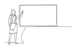 Continuous one line drawing woman teacher professor standing in front of blackboard teaching student in classroom. College class or university teacher teach in classroom. Single line design vector