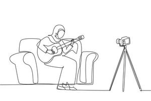 Continuous one line drawing Arab woman blogger recording, live steam playing guitar on social media. Concept of guitarist online lesson while stay at home. Single line draw design vector illustration