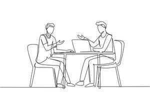 Single continuous line drawing male interviewing famous person in studio for tv show. Concept of television or internet broadcast with journalist talking to celebrity. One line draw design vector