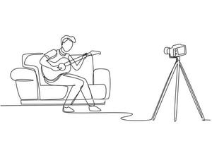 Single continuous line drawing man recording video clip of his playing guitar by camera on tripod. Male vlogger influencer performing music for show to streaming digital. One line draw design vector