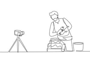 Single one line drawing food blogger creating content. Arab man shooting cooking video using camera on tripod. Chef baking, decorating cake at kitchen. Continuous line draw design vector illustrating