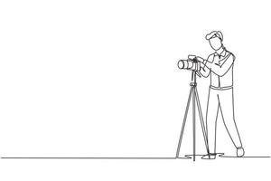 Single continuous line drawing photographer taking photos using professional equipment set, Man with camera making pictures. Studio photo equipment. One line draw graphic design vector illustration