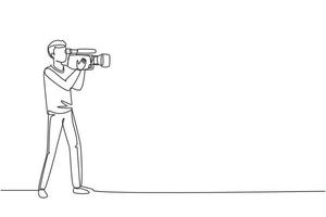 Continuous one line drawing professional camera operator holding big camera on shoulder. Cameraman, reporter shooting TV content. Videographer with camera. Single line draw design vector illustration