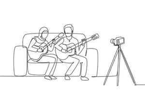 dibujo de una sola línea continua pareja árabe vlog influencer interpretando un programa de música para transmitir audiencia en línea escuchando en casa. hombre mujer tocando la guitarra y cantando canciones. vector de diseño de dibujo de una línea