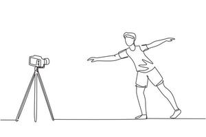 Single one line drawing young man doing exercise on mat with camera. Shooting video for blog on video camera. Online training. Sport at home. Continuous line draw design graphic vector illustration