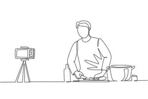 Single one line drawing chef in uniform standing in kitchen and cutting onion while filming himself for blog. On kitchen counter are vegetables, spices. Continuous line draw design vector illustration