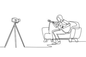 Single continuous line drawing woman blogger recording and live steam playing guitar on social media. Concept of guitarist online lesson while stay at home. One line draw design vector illustration