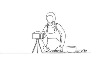 Continuous one line drawing food blogger. Chef cooking, recording video using camera. Online channel, streaming. Arab woman teaches cooking new recipe. Culinary show. Single line draw design vector