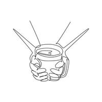 Single one line drawing cup of tea in hands of men. Man warming hands touching a hot cup of tea. Time relax in the morning with tea or coffee. Continuous line draw design graphic vector illustration