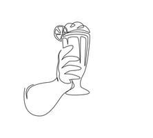 Single one line drawing hand holds glass milkshake with whipped cream. Cold soft drink for summer. Sweet beverage. Tasty and yummy fast food. Continuous line draw design graphic vector illustration