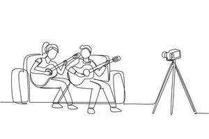 Una sola línea continua de dibujo de una pareja de vlogs influyentes que realizan un programa de música para la audiencia en línea de Internet que escucha en casa. hombre mujer tocando la guitarra y cantando canciones. vector de diseño de dibujo de una línea