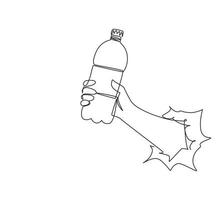 Single one line drawing hand holding plastic bottle of pure drinking water refreshing, splash through torn white paper. Hungry and thirsty concept for good health. Continuous line draw design vector