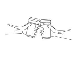 Continuous one line drawing couple is toasting with paper cup and drink coffee. Close-up cropped view of two human hands holding disposable cups. Single line draw design vector graphic illustration