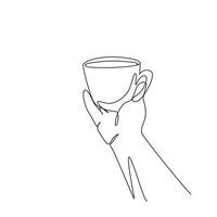 Continuous one line drawing hand hold cup of coffee steam light bulb. Worker want to drink coffee before work. Happy break morning time at office. Single line draw design vector graphic illustration