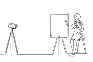 Continuous one line drawing woman giving presentation to camera doing webinar. The concept of blogging, online training and conferences. Camera on tripod. Single line draw design vector illustration