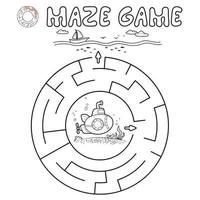 Maze puzzle game for children. Outline circle maze or labyrinth game with submarine. vector