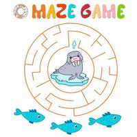 Maze puzzle game for children. Circle maze or labyrinth game with walrus. vector