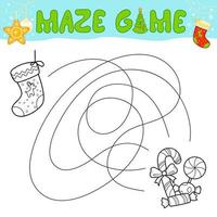 Christmas Maze puzzle game for children. Outline maze or labyrinth. Find path game with christmas Sock. vector