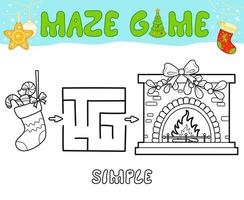 Christmas Maze puzzle game for children. Simple outline maze or labyrinth game with christmas Sock and fireplace. vector