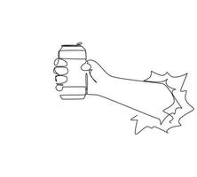 Single one line drawing hand holding a aluminum can drink through torn white paper without label. Beverages in metal container. Refreshing drink for people. Continuous line draw design graphic vector