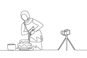 Single continuous line drawing Arab girl baking, decorating cake at kitchen. Woman blogger recording video on camera, using tripod, posting it on social media. One line draw design vector illustration