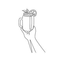 Continuous one line drawing freshly squeezed lemon-orange juice with ice with mint leaves in female hands. Woman holding vintage mug with citrus cool lemonade drink. Single line draw design vector