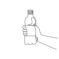 Continuous one line drawing hand holding water bottle in the park morning sunrise, Young woman drinking water after run, sport and health care concept. Single line draw design vector illustration