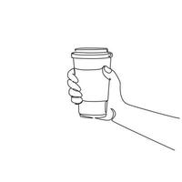 Single one line drawing hands in side view hold paper to go take away coffee or tea cups. Hand holding reusable mug of hot coffee. Zero waste. Continuous line draw design graphic vector illustration