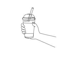 Single continuous line drawing hand holding a bubble tea plastic cup. Boba tea, a sweet Taiwanese milk tea drink popular in Asia. Trend food and drink concept. One line draw design vector illustration