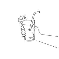 Single continuous line drawing lemonade served with ice cubes, hand holding refreshing beverage glass. Drink made of fresh lemon juice. Juicy water with straw. One line draw graphic design vector