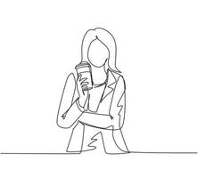 Continuous one line drawing beautiful young woman holding paper cup of hot coffee on street city. Enjoys leisure time, dressed in stylish clothes. Single line draw design vector graphic illustration