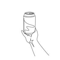 Single continuous line drawing hand holds a wet aluminum can. Realistic soda cans without labels on white background. Mock up template concept. Dynamic one line draw graphic design vector illustration