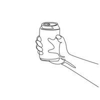 Single continuous line drawing hand holding a aluminum can drink without labels. Beverages in metal containers. Refreshing drink for people. Dynamic one line draw graphic design vector illustration