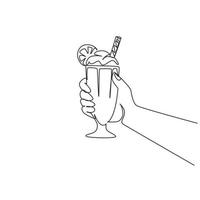 Continuous one line drawing hand holds glass milkshake with whipped cream. Cold soft drink for summer. Sweet beverage. Tasty and yummy fast food. Single line draw design vector graphic illustration