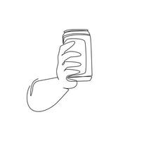 Single continuous line drawing hand holding a aluminum can drink without labels. Beverages in metal containers. Refreshing drink for teenager. Dynamic one line draw graphic design vector illustration