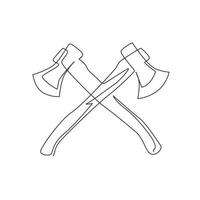 Continuous one line drawing lumberjack axes crossed icon. Crossed axes, crossed firefighter axe, fire service fireman axe, Hatchet in vector format. Single line draw design vector graphic illustration