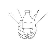 Single one line drawing hands hold glass bottles of plant based lactose free milk, has healthy nutrition. Non dairy alternative beverage. Modern continuous line draw design graphic vector illustration