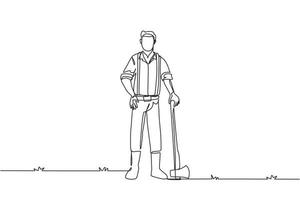 Single one line drawing lumberjack with axe standing wearing suspender shirt, jeans and boots. Lumberjack pose on the logging forest. Modern continuous line draw design graphic vector illustration