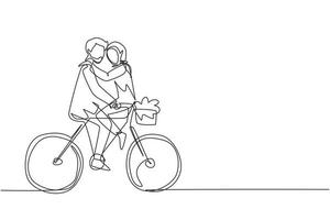 Single one line drawing young Arabian man and woman riding bicycle face to face. Happy romantic couple is riding bicycle together. Happy family. Continuous line draw design graphic vector illustration