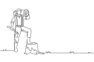 Single one line drawing lumberjack or woodcutter holding timber and axe. Wooden materials manufacturing, standing with axe, posing with one foot on tree stump. Continuous line draw design illustration vector