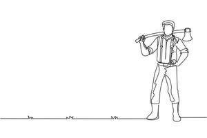 Single one line drawing lumberjack pose on the logging forest. Lumberjack with axe and downed log, standing wearing shirt, jeans and boots. Continuous line draw design graphic vector illustration