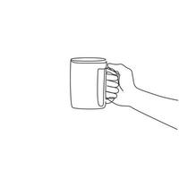 Single one line drawing human hand is holding a ceramic cup with coffee or tea. Hand holds a hot mug by the handle. Relax time in the morning. Continuous line draw design graphic vector illustration