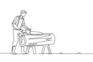 Continuous one line drawing sawmill concept. Professional lumberjack cutting tree by chainsaw for further transportation, processing. Global deforestation. Single line draw design vector illustration