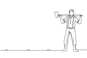 Single one line drawing smiling lumberjack in plaid shirt, jeans with belt, leather boots holding on his shoulder a ax with long wooden handle. Continuous line draw design graphic vector illustration