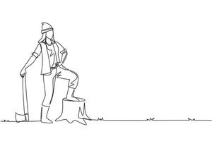 Single one line drawing woman lumberjack wearing plaid shirt, jeans, boots and beanie hat. Standing with ax and posing with one foot on a tree stump. Continuous line draw design vector illustration